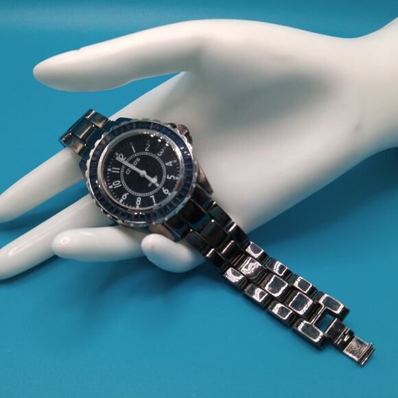 Chico’s Gunmetal Blue Rhinestone Boyfriend Watch Black Face 7 Inch Quartz - Picture 3 of 5